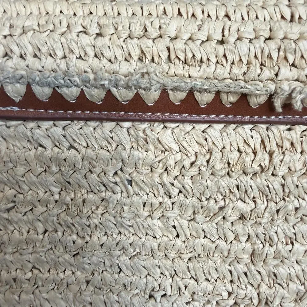 MNG Crossbody Bag Womens Small Beige Straw Brown Trim Scalloped Boho Beach